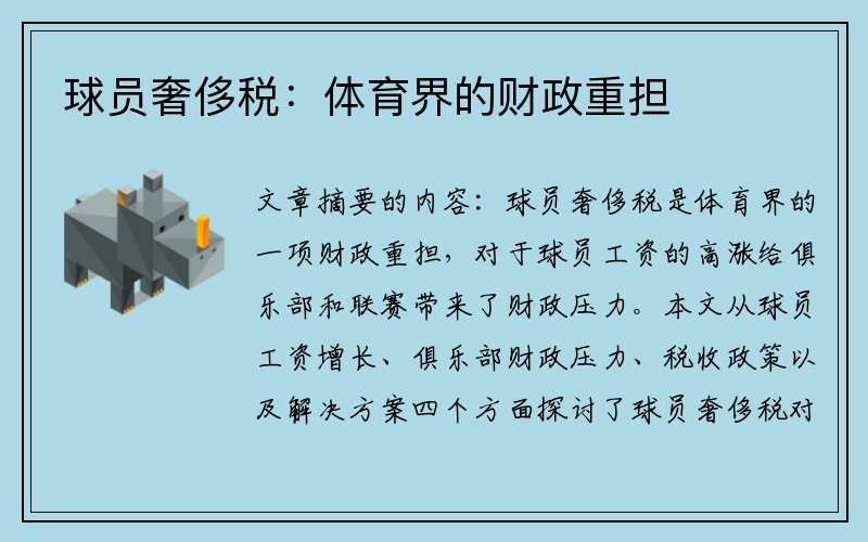 球员奢侈税：体育界的财政重担