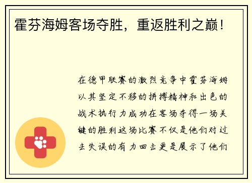 霍芬海姆客场夺胜，重返胜利之巅！